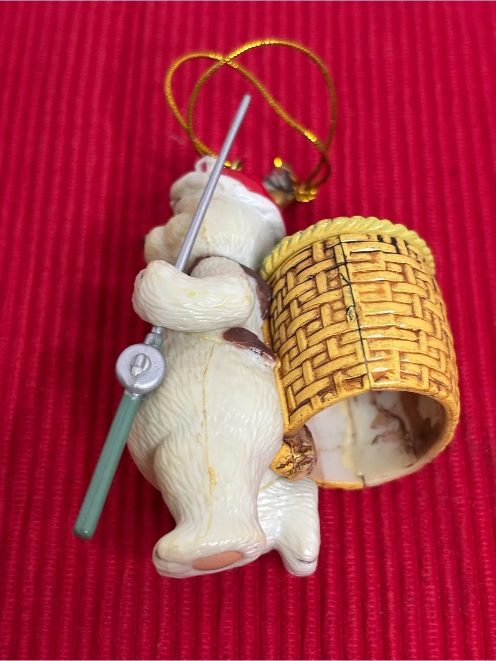 Polar Bear Fisherman with Santa Hat, Basket Full o Fish and Fishing Pole